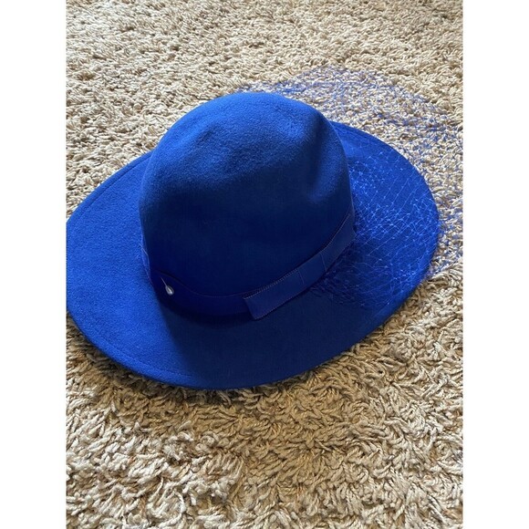 Vintage Lancaster Hat Womens Fedora Blue 100% Wool Netting Bow USA Church - Picture 2 of 10